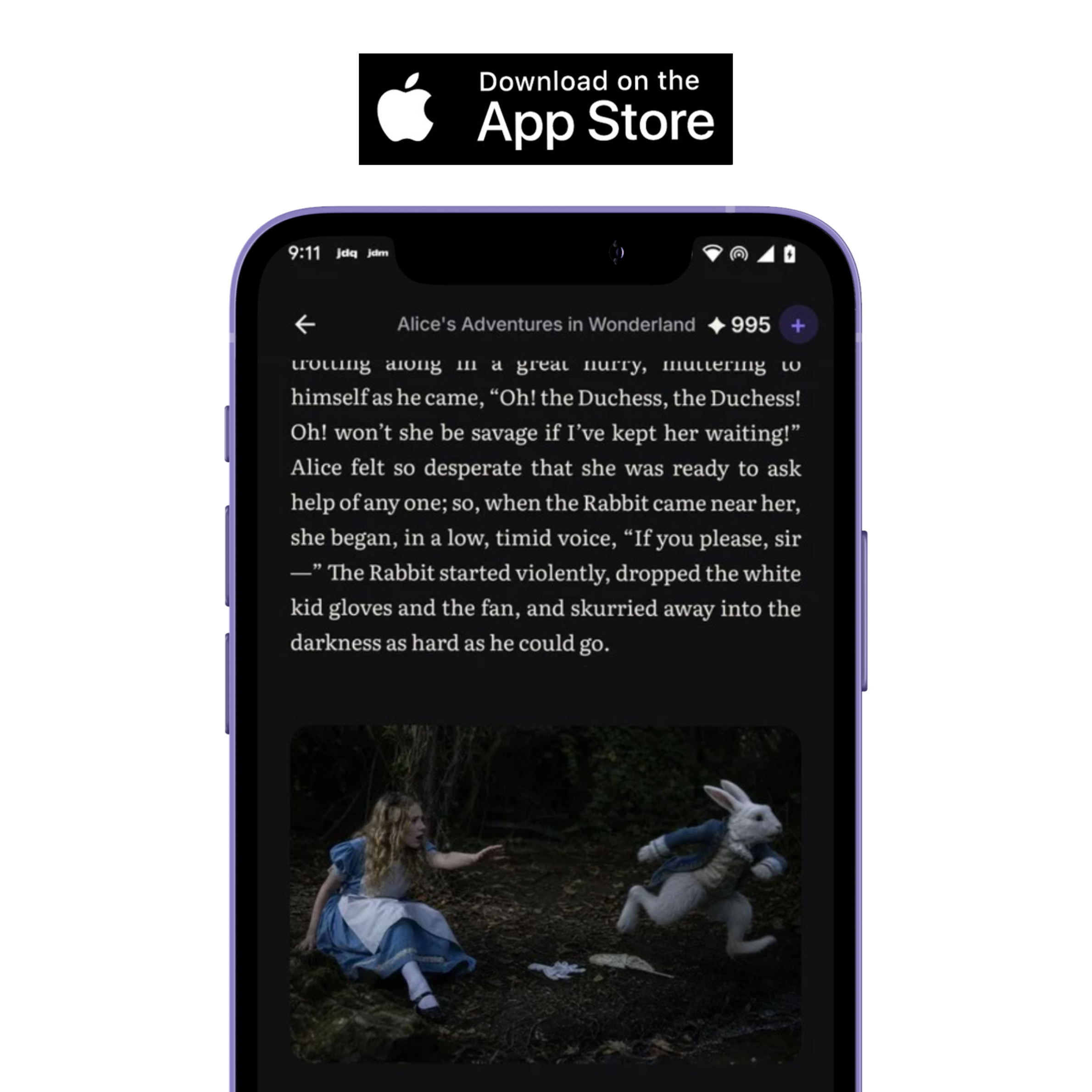 Download BookReveal and continue reading Alice in Wonderland with visual scenes